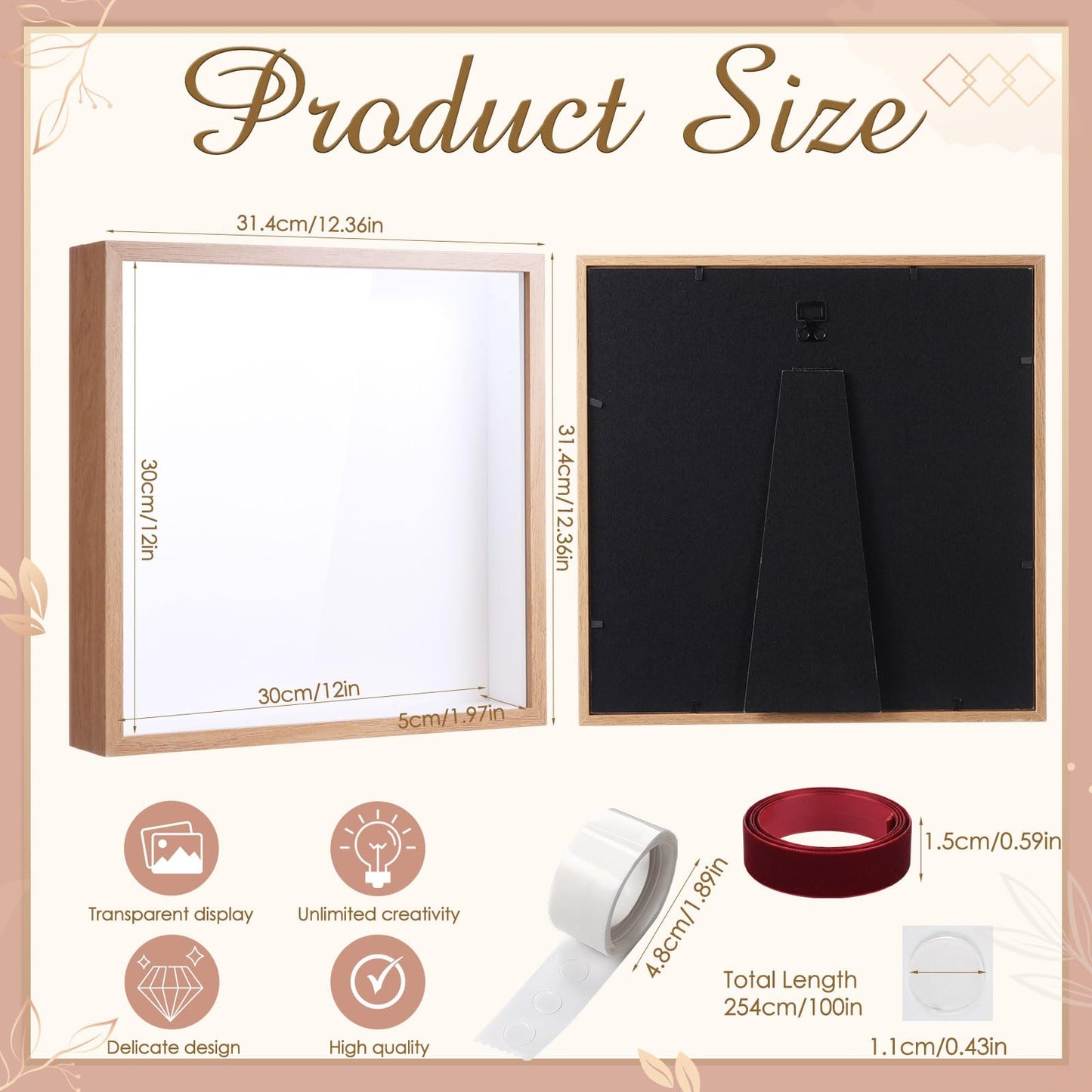 BrightRow 12"x12" Wedding Shadow Box Frame Flower Display Case Kit, DIY Wood Color Picture Gift Box with Lid Deep Glass Case Red Velvet Ribbon for Gift Wrapping Craft Bouquet Flower Keepsake Memory