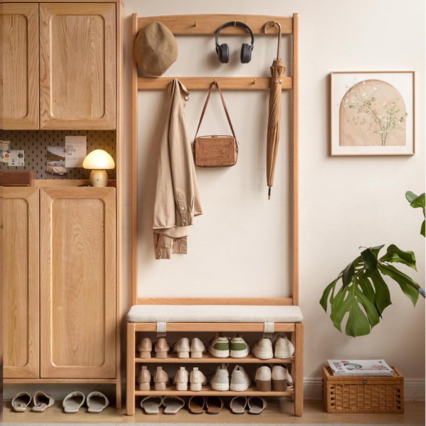Vadisun Oak Coat Rack, Solid Wood Hall Tree with Shoe Bench, 2-Tier Shoe Rack with 7 Hooks for Entryway, Hallway, 13.8" x 31.5" x 72.8", Natural