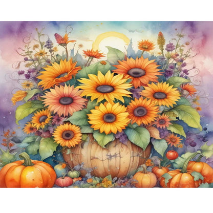 Lvmuu Full Round Diamond Painting Kits for Adults, 5D DIY Autumn Sunflowers Pumpkins Harvest Diamonds Art Sets for New Beginner Paint By Numbers Home Wall Decoration 12x16in