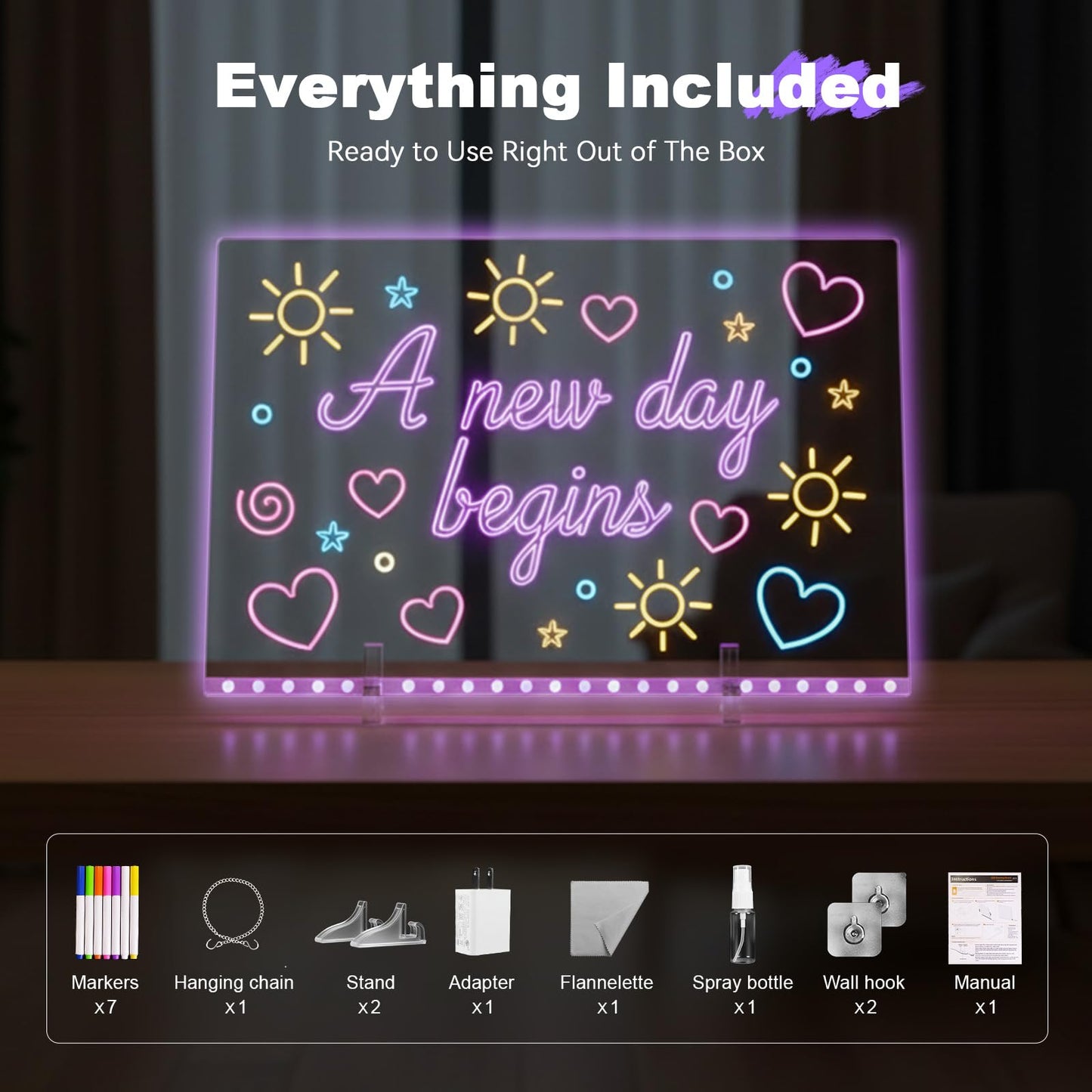 LED Drawing Board for Kids with 7 Colors - 16" Neon Light Up Glow Note Message Board Toys Includes Adapter, Christmas Bithday Gifts for Girls Ages 5-12