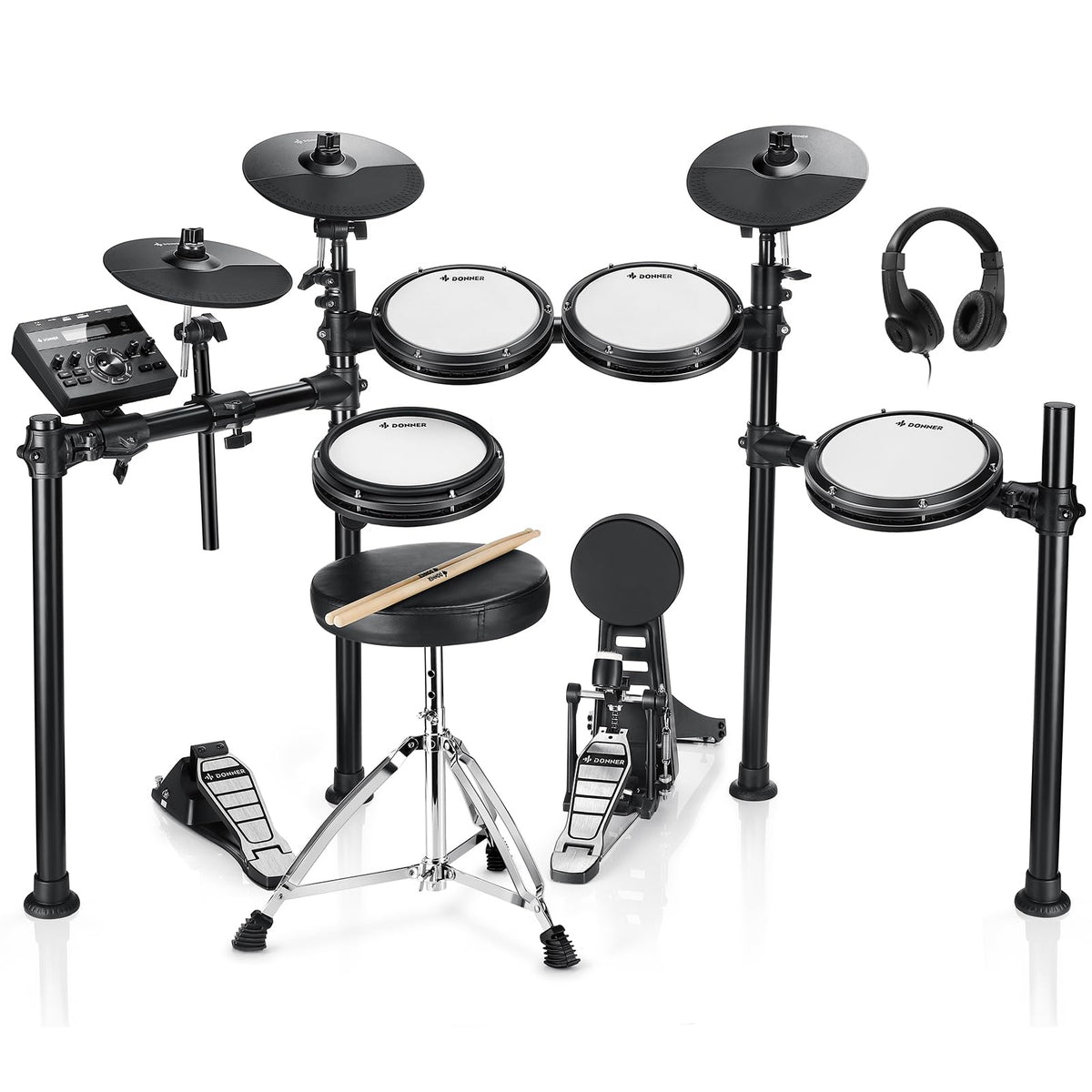 Donner DED-200 Electric Drum Sets with Quiet Mesh Drum Pads, 2 Cymbals w/Choke, 31 Kits and 450+ Sounds, Throne, Headphones, Sticks, USB MIDI, Melodics Lessons (5 Pads, 3 Cymbals)