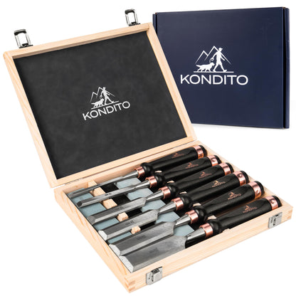 KONDITO Professional Wood Chisel Set – Complete Chisel Kit with 6 CRV60 Steel Blades (6–38mm), 2 Sharpening Stones & Hardwood Case – Wood Carving Chisels for Joinery, Sculpting & Woodworking Tools