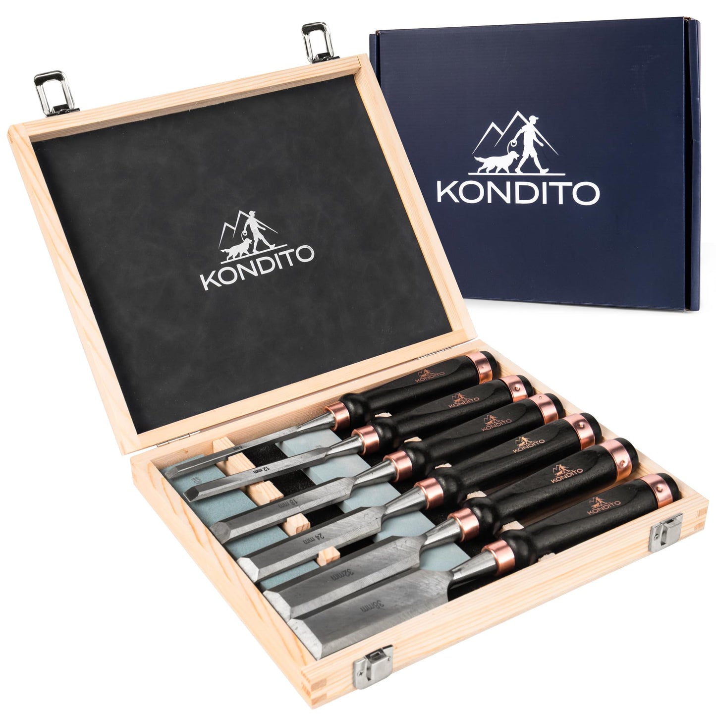 KONDITO Professional Wood Chisel Set – Complete Chisel Kit with 6 CRV60 Steel Blades (6–38mm), 2 Sharpening Stones & Hardwood Case – Wood Carving Chisels for Joinery, Sculpting & Woodworking Tools