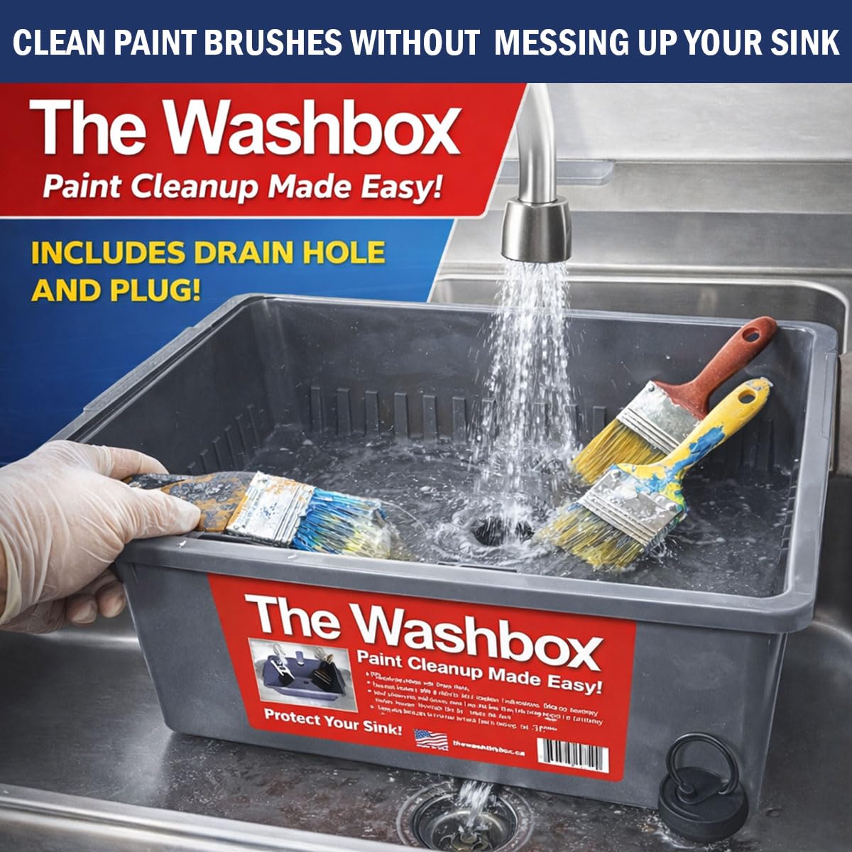 Washbox Paint Brush & Roller Cleaner Tray – Sink Insert for Easy Paint Cleanup – Paint Tool Washer & Cleaning System – Keeps Paint Out of Sink – Made in USA