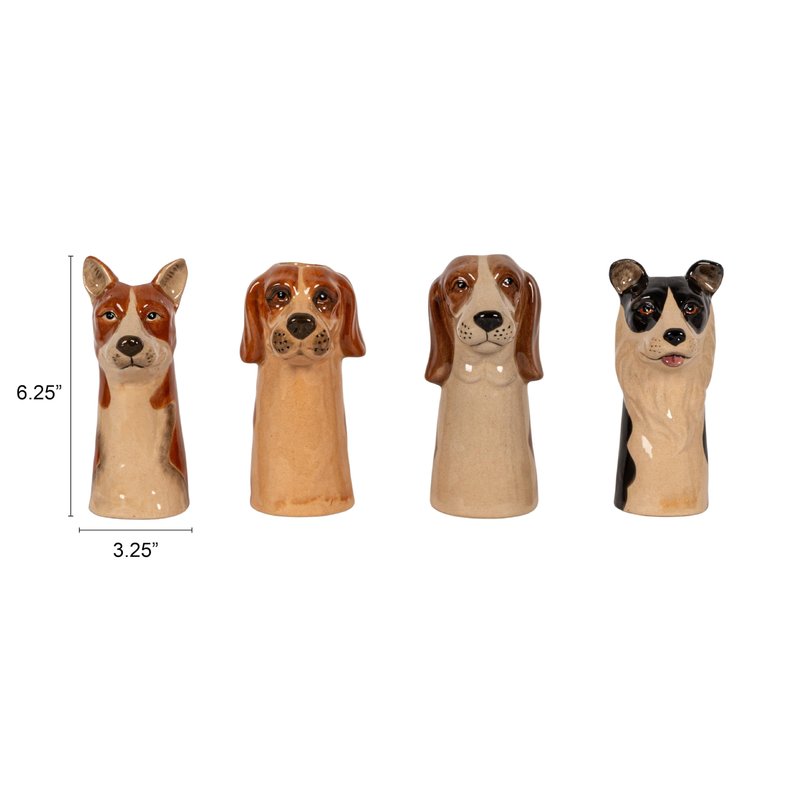 Creative Co-Op 4-Piece Hand-Painted Stoneware Dog Head Vase, Multicolor