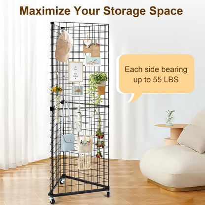 GADFISH Triangular Gridwall Panel Display Stand, Black Triangle Wire Grid Tower with Base and Casters, 24" x 68" Rolling Grid Wall, Panel Stand for Home Organization, Retail, Trade Show, Vendor