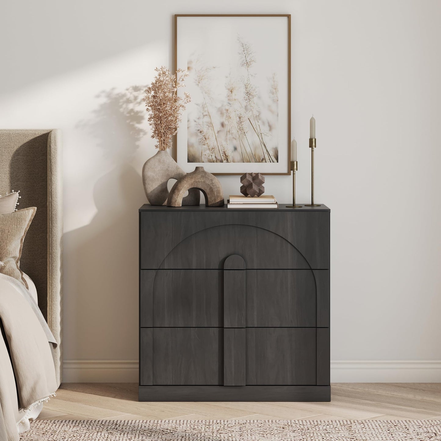 BELLEZE 31.5" Kitchen Storage Cabinet with 3 Drawers,Freestanding Accent Cabinet with Arched Design & Wood Handles,Modern Credenza for Living Room,Dining Room,Entryway - Ebony