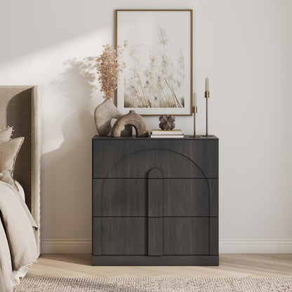 BELLEZE 31.5" Kitchen Storage Cabinet with 3 Drawers,Freestanding Accent Cabinet with Arched Design & Wood Handles,Modern Credenza for Living Room,Dining Room,Entryway - Ebony