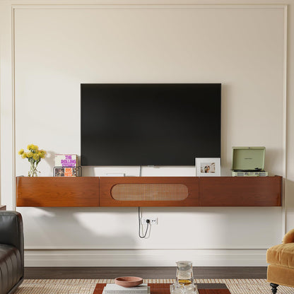 FurniNova Fully Assembled Floating TV Stand Wall Mounted 47'',High Gloss Floating Media Console with 2 Drawers & Rattan Door, Under TV Shelf for Living Room Bedroom Entertainment Center,Walnut
