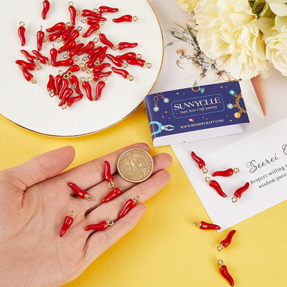 SUNNYCLUE 1 Box 100Pcs Hot Pepper Charm Chili Pepper Charms Enamel Mexican Fiesta Cinco De Mayo 3D Red Italian Horn Chilis Miniature Food Pendants for Jewelry Making Supplies DIY Necklace Keychain