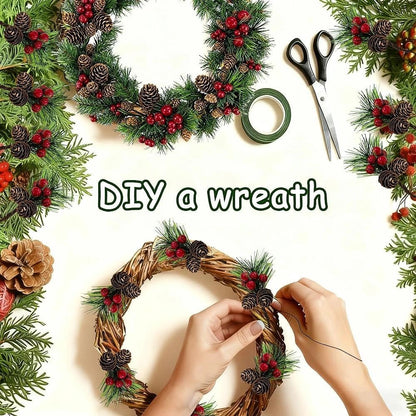 Tebiefat 30 Pcs Artificial Pine Cone Red Berry Picks Stems, Small Fake Holly Berries Needles Branches with Pinecones Christmas Floral Leaves for Crafts Vase Xmas Tree DIY Holiday Decor