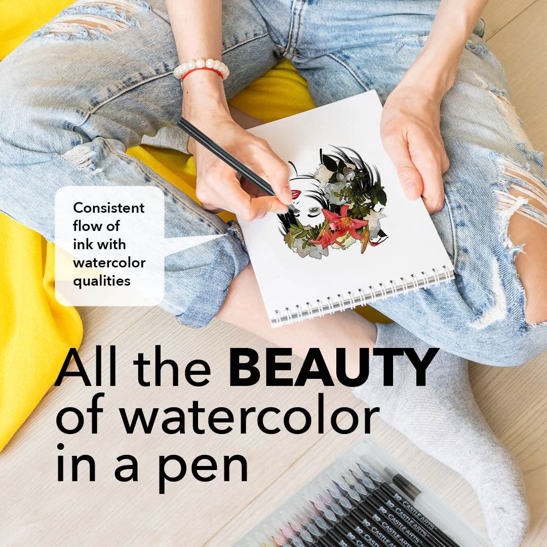 Castle Art Supplies Watercolour Brush Pens Set | 24 Lively Colours, with Flexible Nylon Tips | For adult colouring, painting, lettering – artists and beginners | Travel Case with Extra Water Brush Pen