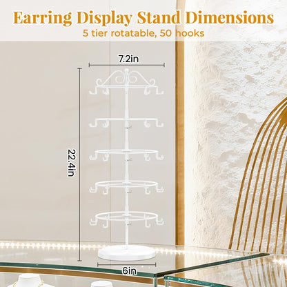 EsLuker.ly Earring Holder Organizer Rotating Display Tree Stand, Adjustable Height Earring Card Hanger Rack with 50 Hooks for Vendors Market Selling, 5 Tier Metal Jewelry Storage Tower, White