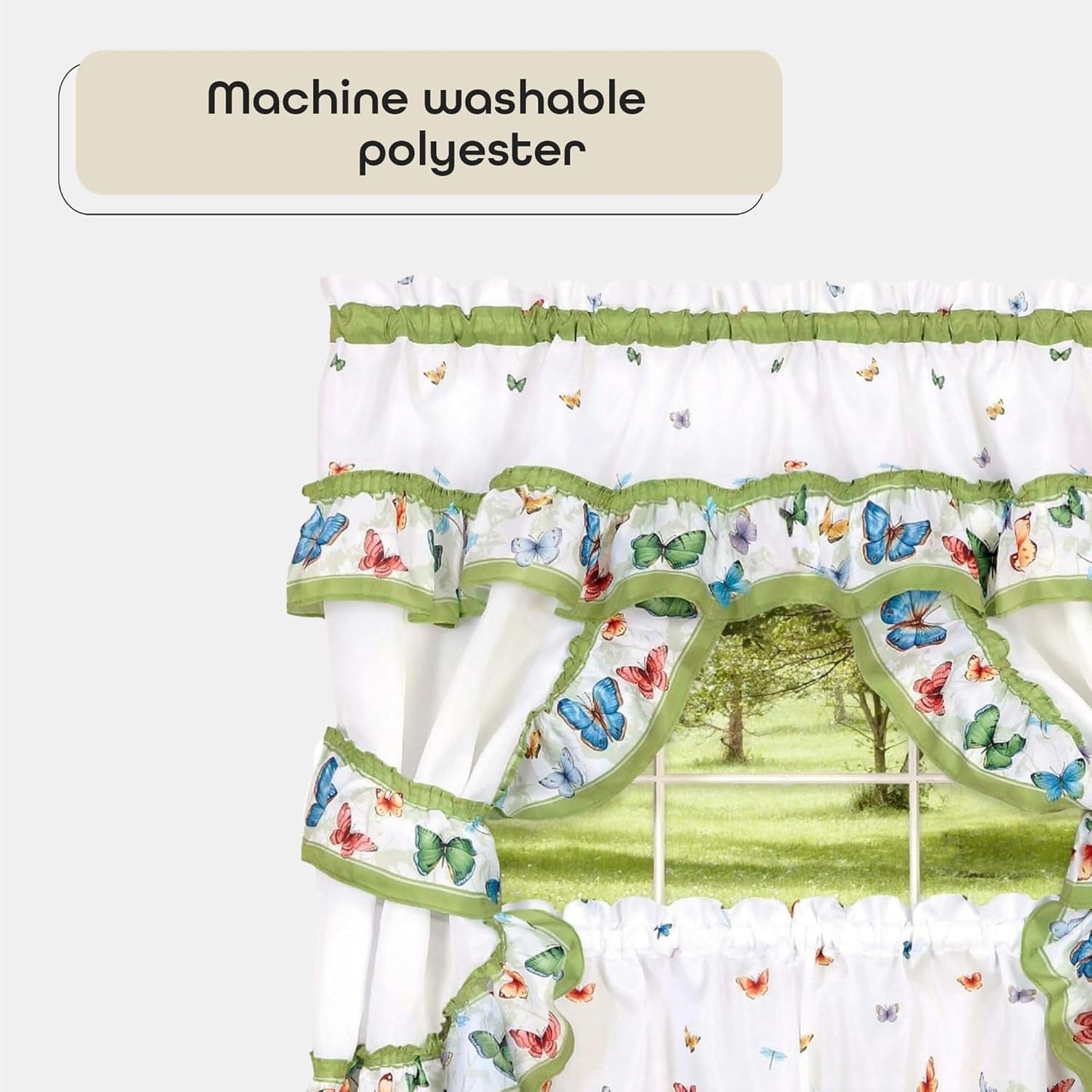 Printed Cottage Window Curtain Set - 57 Inch Width, 24 Inch Length - Green Butterflies - Polyester Soft Treatment