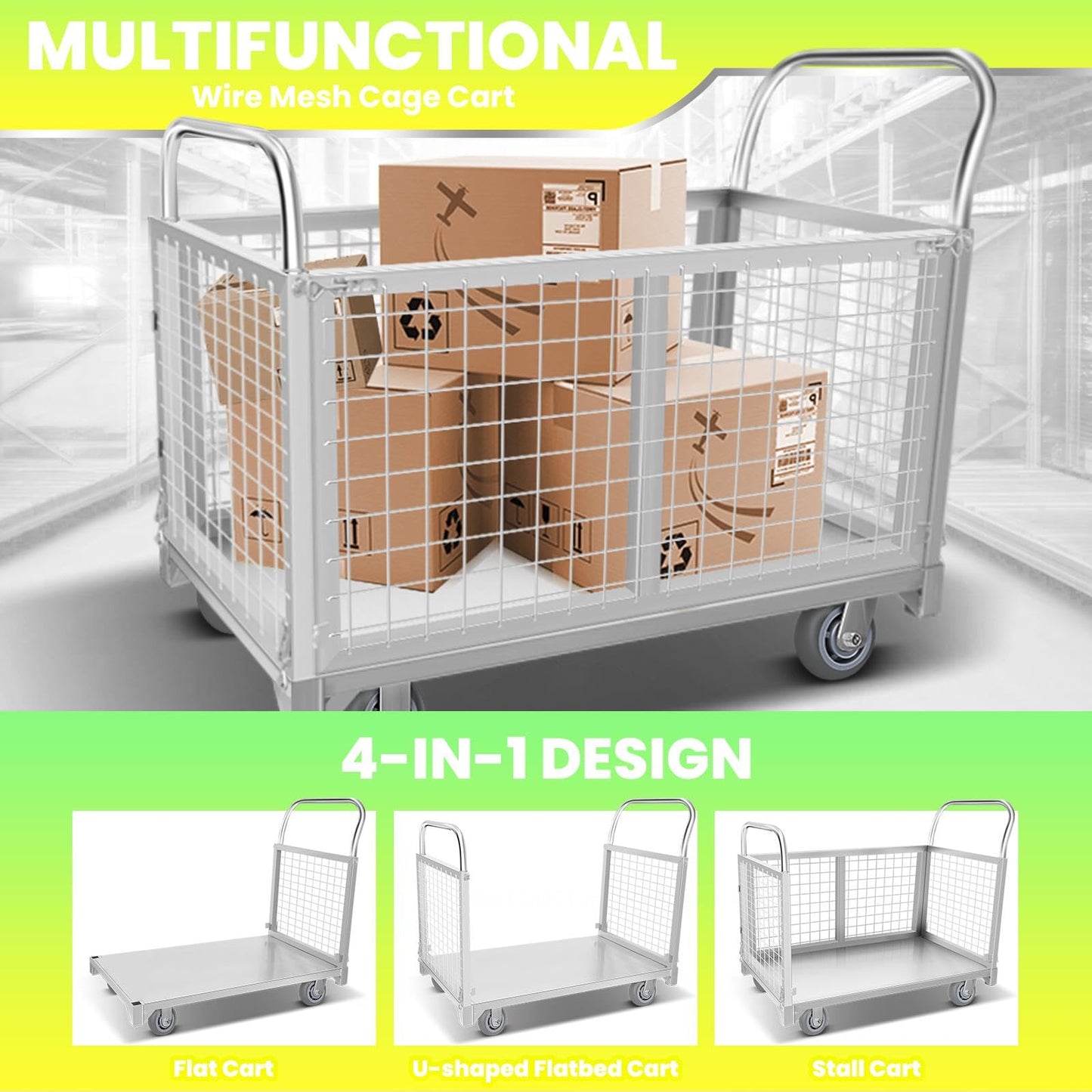 2200LBS Capacity Reinforced Flatbed Truck for Warehouses, Heavy-Duty Platform Truck Cart with Cage, Maneuverable Platform Trucks with 360° Wheels, Versatile Platform Truck for Home & Business.
