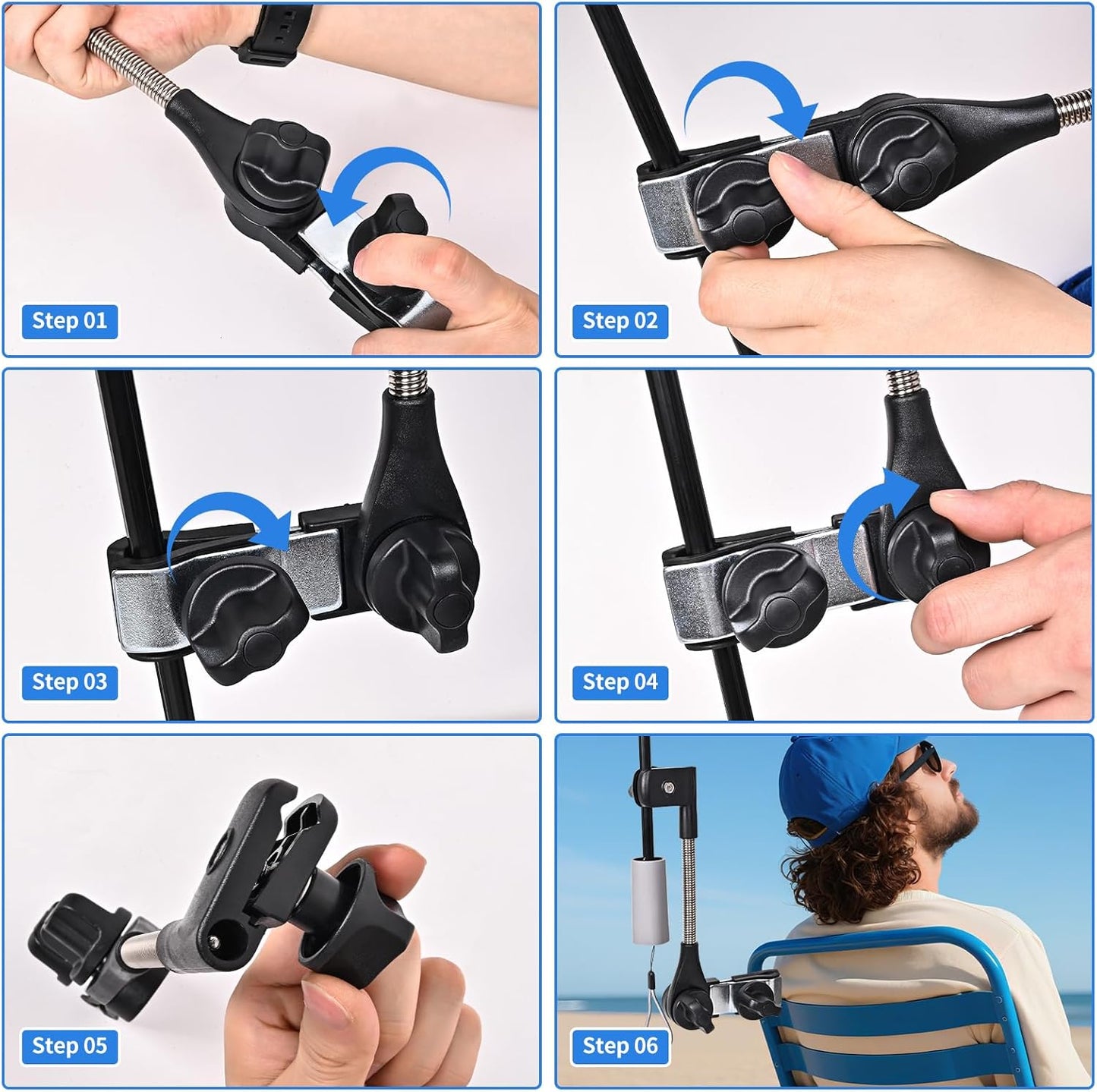 45in 50+ Beach Chair Umbrella with Adjustable Clamp, UPF Portable Folding Sun Shade for Outdoor Camping