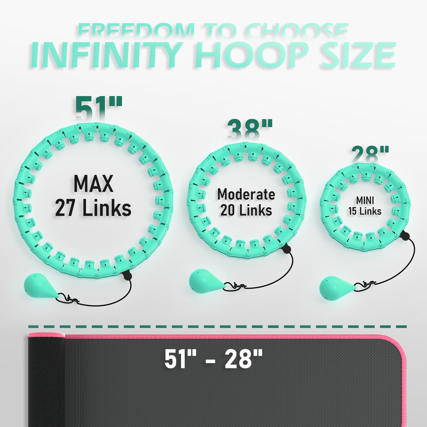 JLoibao Weighted Hula Circle for Adults Weight Loss, Infinity Fitness Hoop Plus Size 51 Inch with Sweat Belt, Include 27 Detachable Links and Waist Trainer for Women(Cyan)