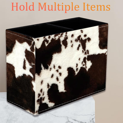 VSHSEEOM Cow Hide Print Pencil Holder for Desk, PU Leather Multifunctional Mobile Pen Holder Desktop Organizer Makeup Brush Holder for Classroom, Office and Home