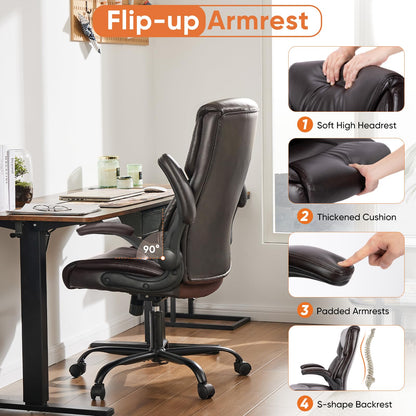 Sweetcrispy Ergonomic Computer Gaming Office Chair Set of 2, Heavy Duty Task Desk Swivel Rolling Chairs with Wheels, Flip-up Arms, Adjustable Height, PU Leather,Dark Brown