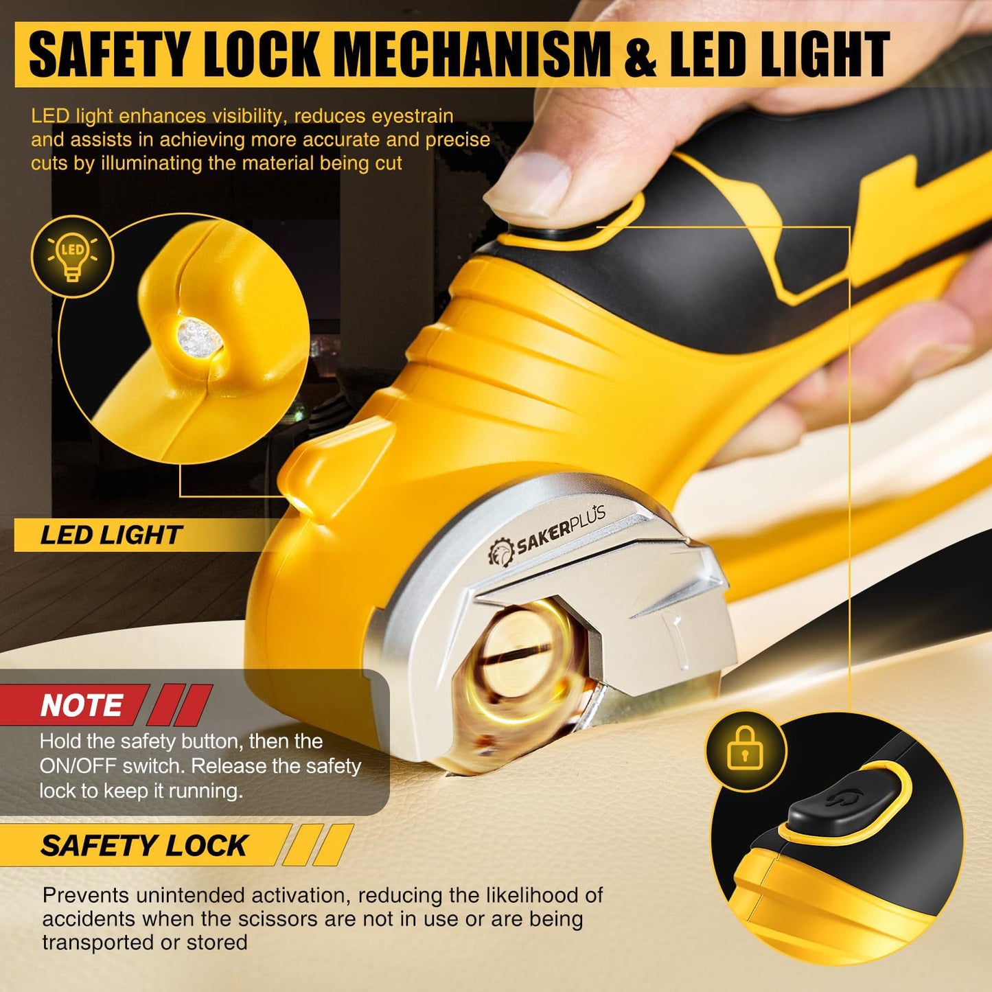 SakerPlus Cordless Electric Scissors, 4V Cardboard Cutter, Box Cutter Fabric Scissor with Safety Lock & LED Light, Rechargeable Power Rotary Cutters for Box Carpet Fabric Plastic Leather