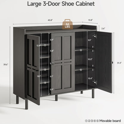 ONBRILL Shoe Cabinet with 3 Doors and Adjustable Shelves, 30 Pairs Shoe Storage Cabinet, 40 Inch Tall Farmhouse Shoe Rack Shoe Organizer Cabinet for Entryway Living Room Closet, Black
