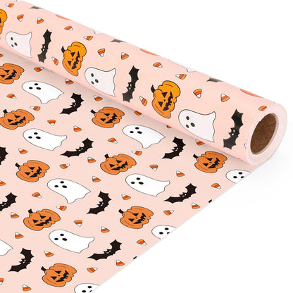 Whaline Halloween Wrapping Paper - Mini Roll - 17 In x 32.8 Ft Cute Pumpkin Ghost Bats Gift Wrap Paper Boho Orange DIY Art Crafts Packing Supplies for Halloween Birthday Baby Shower Holiday Party