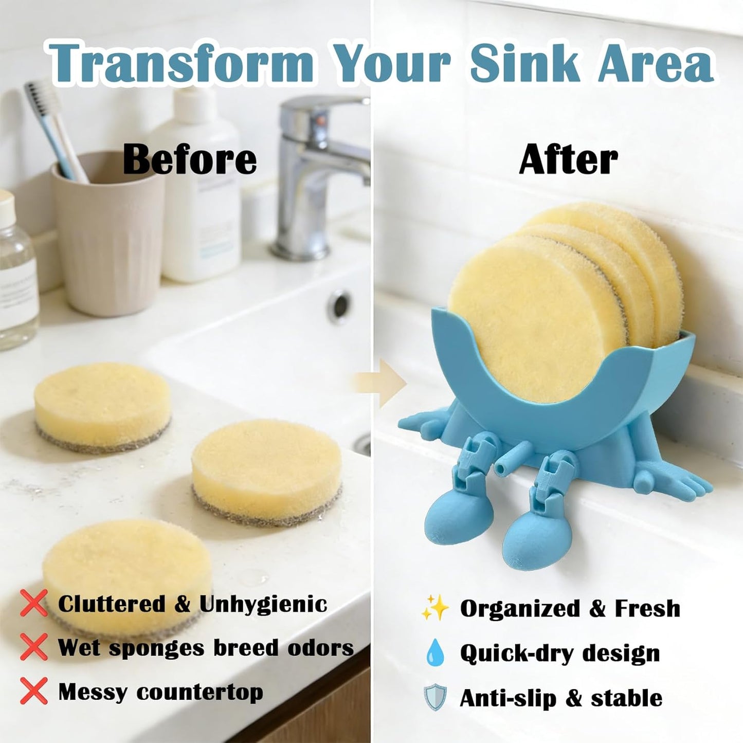 FKSWSQY 3D countertop Upgraded Hanging Sponge Rack with Drainage Holes, Suitable for Kitchen Sinks, Printed Fun Sponge