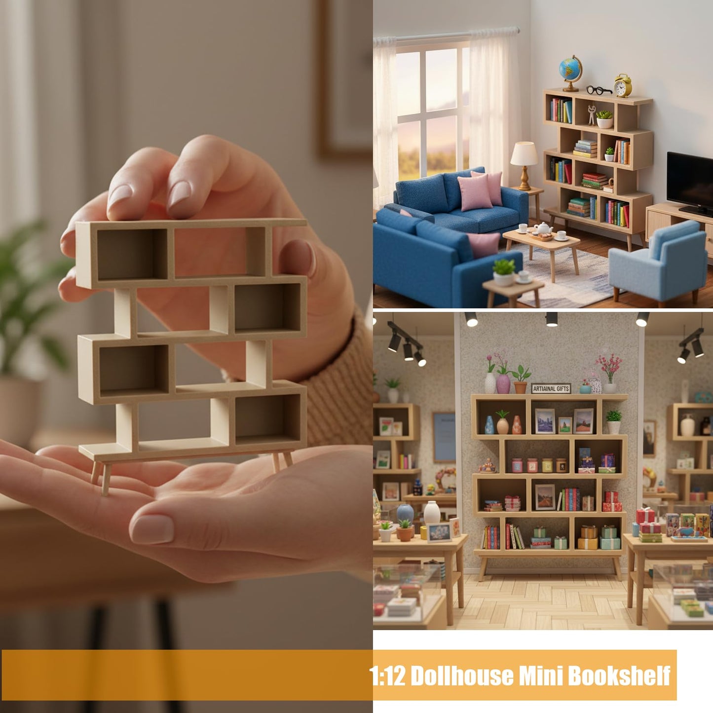 stazuvrt 1:12 Dollhouse Mini Bookshelf | 3D-Printed Modern Geometric Display Shelf, Ideal for Dollhouse Furniture Collectors(Natural Wood Color)