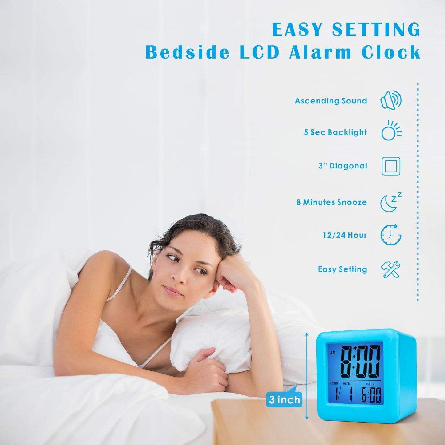 Plumeet Digital Alarm Clock for Kids, Snooze and Nightlight, Easy Setting Silicone Clock, Battery Powered (Blue)
