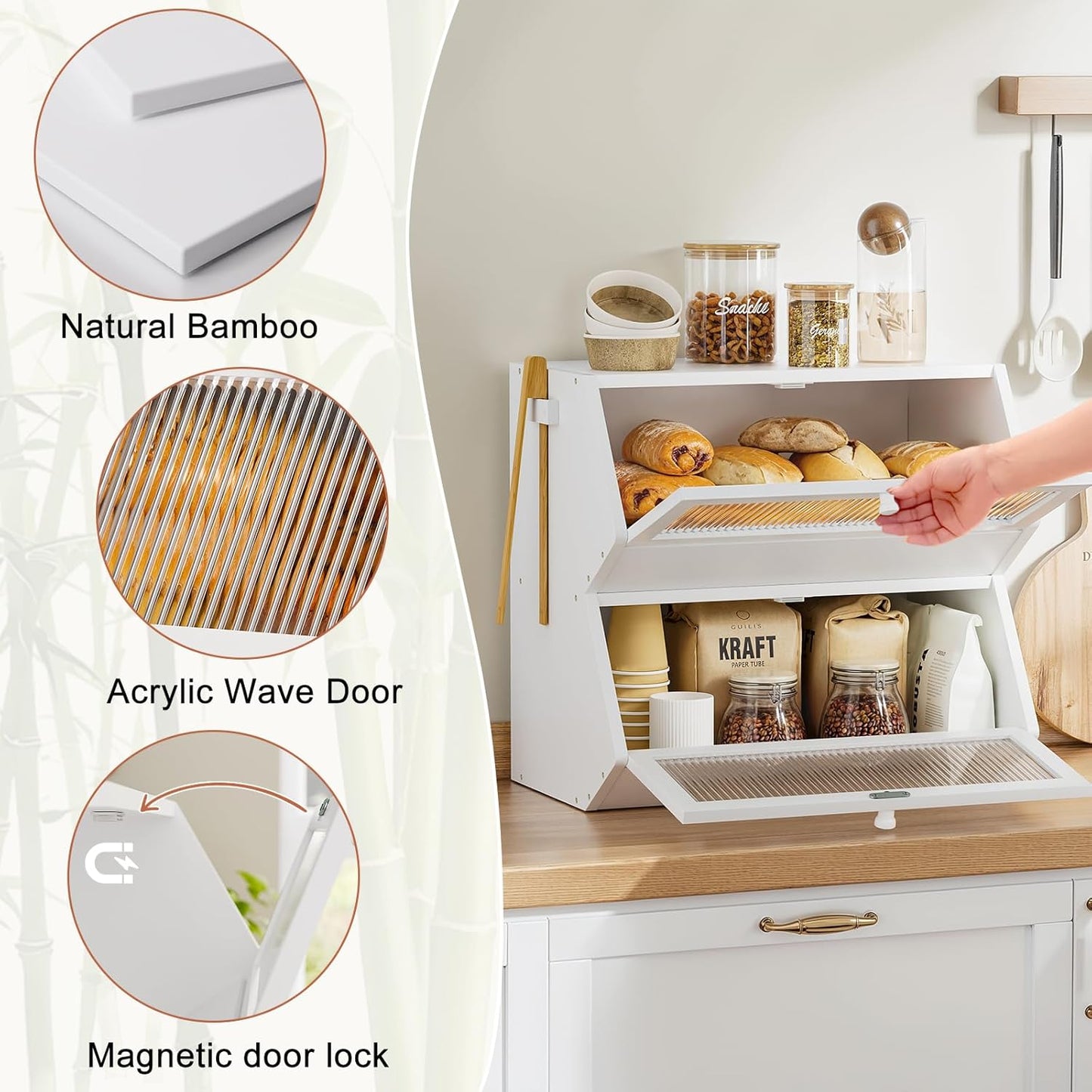 Countertop, Counter WOWLIVE Double Layer Bread Box for Kitchen Large Bamboo Bread Storage Container for Homemade Bread