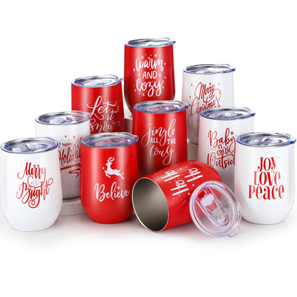 Uiifan 10 Pack Christmas Tumblers Gifts 12 Oz Xmas Funny Tumbler Christmas Stainless Steel Coffee Mugs Set Xmas Insulated Travel Cup with Straw Lid for Family Xmased Holiday Gift (Red White)