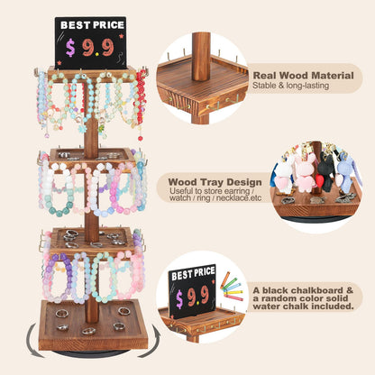BDBDYEAY Bracelet Holder, 360° Rotating Jewelry Holder Organzier with Tray, Wooden Jewelry Tower with 48 Hooks, 4-Tier Large Capacity Jewelry Display Stand for Vendors Sell Bracelet Keychain Earring