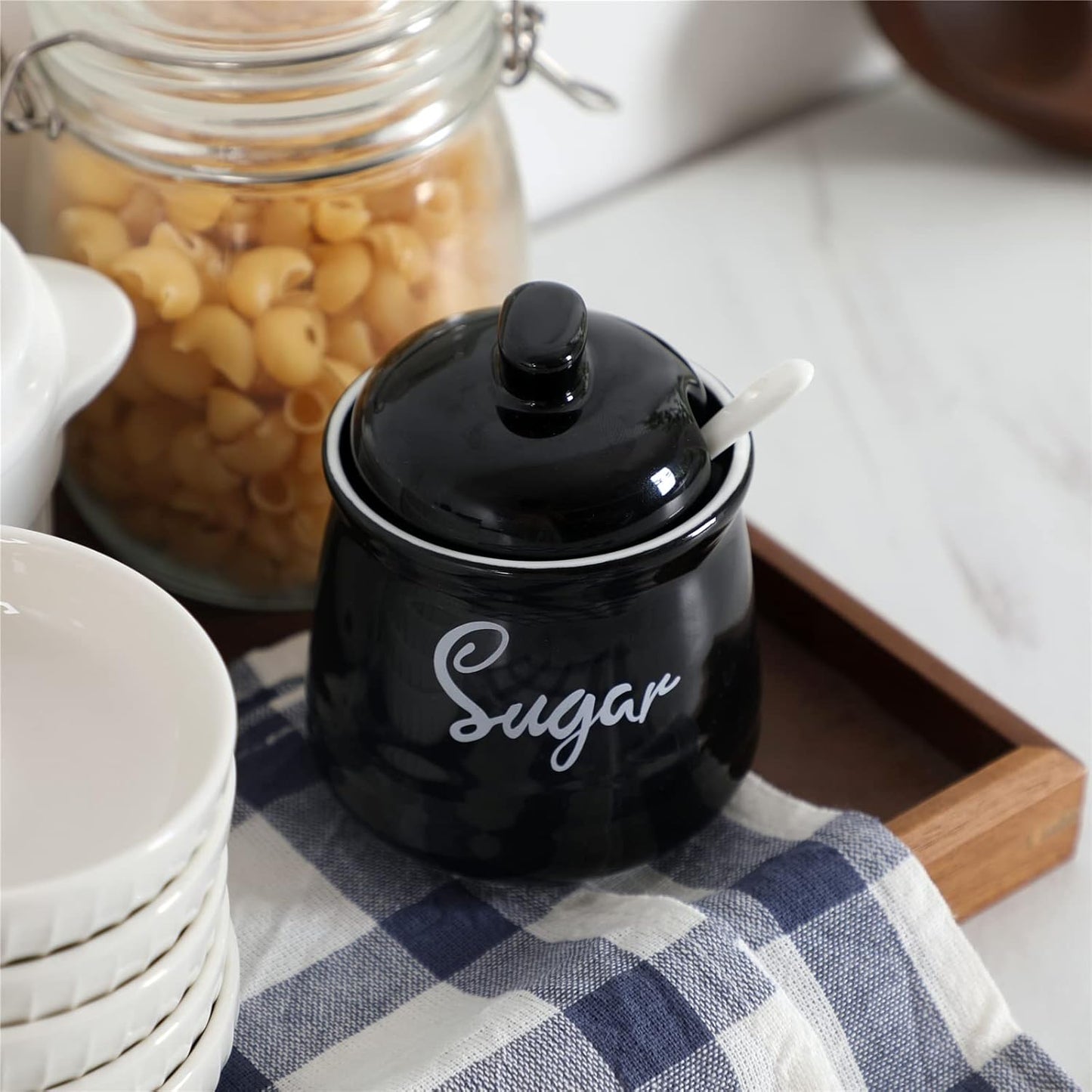 HAOTOP Farmhouse Porcelain Sugar Bowl with Lid and Spoon, 12oz, Easy to Clean (Black)