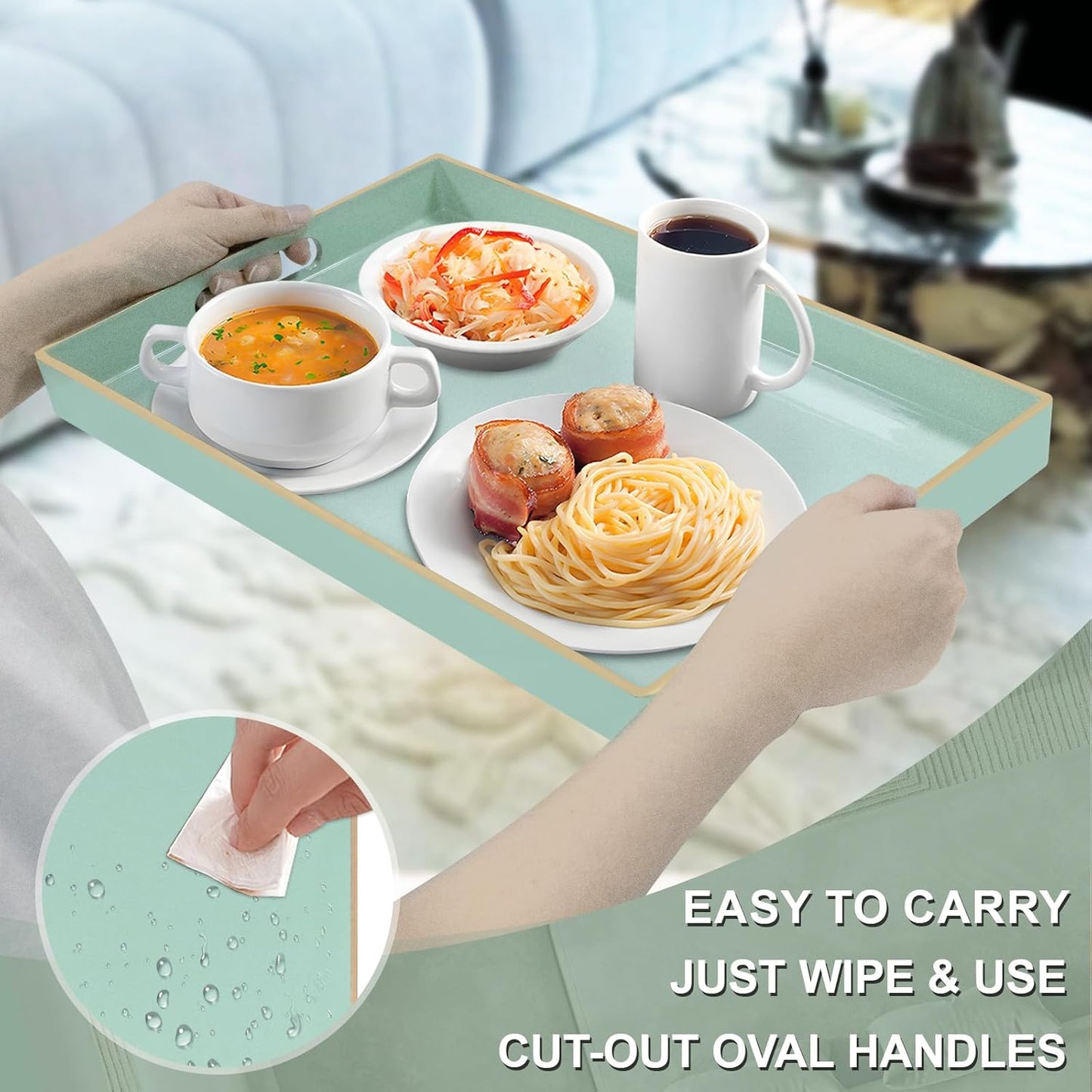 15.8 10.2 1.4" MAONAME Mint Green Serving Tray with Handles, Modern Decorative Trays for Coffee Table, Plastic