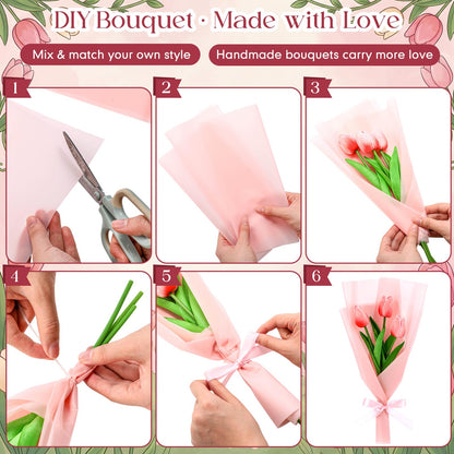 Zeyune Graduation Gifts Mini Faux Tulip Bouquet Kit, 10 DIY Artificial Tulip Flower Bouquets with Wrapping Paper and Ribbons, Class of 2026 Party Favors Gifts for Students Teachers Guests(Pink)