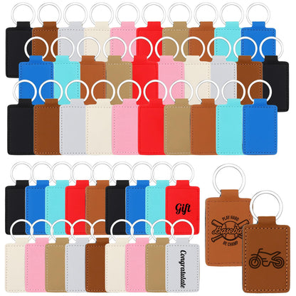 Wonderjune 50 Pcs PU Leather Keychain Blanks Bulk with 50 Rings Laser Engraving Blanks Keychain Kit for DIY Supplies Gifts(Multicolored)