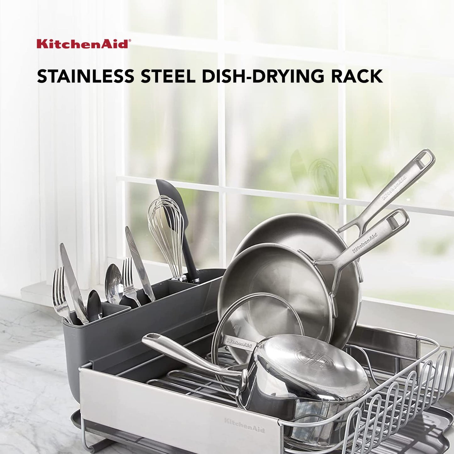 KitchenAid Large Capacity, Fully Size Self Draining Rust Resistatant Satin Coated Dish Rack with Removable Flatware Caddy 20.47-Inch, Gray