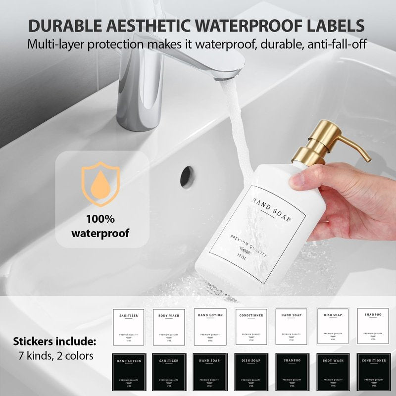 Gold Soap Dispenser Set, Glass Hand and Dish Soap Dispenser Set with Tray,Stainless Pump,14 Stickers for Kitchen,Bathroom Soap and Lotion Dispenser,Modern Counter Decor (White Bottle/Gold Pump)