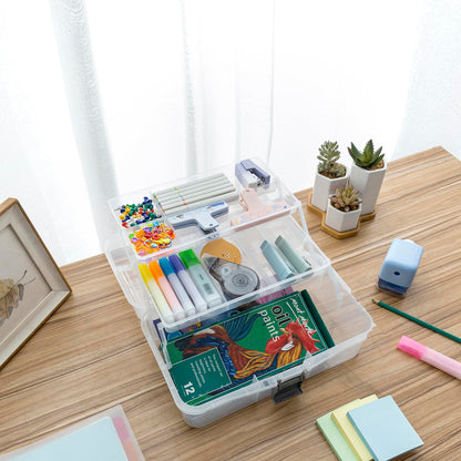 MyGift 13 Inch Transparent Plastic Empty Multipurpose Storage Box with Gray Handle, Latching Lid and 2 Expandable Trays for Tools, First Aid, Sewing Kit, Arts Crafts Supplies