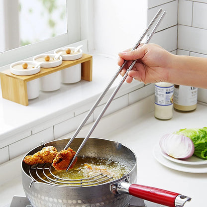 4 Pcs Long Cooking Chopsticks, Reusable Stainless Steel and Natural Wooden Extra Long for Hot Pot Cooking