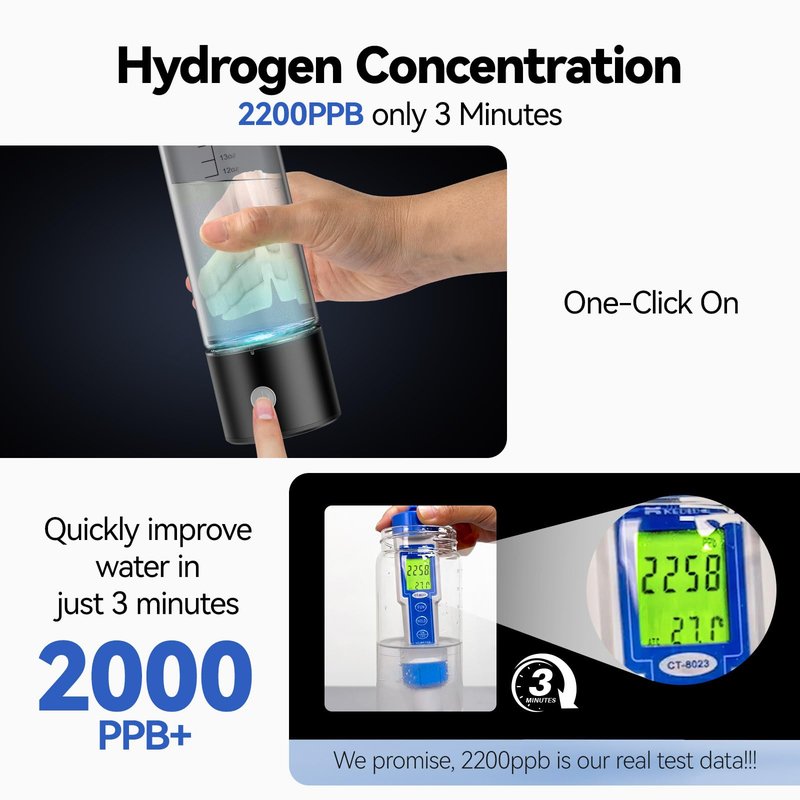 OEOP Hydrogen Water Bottle, 2200PPB in 3 Mins Hydrogen Water Generator, SPE PEM Technology, 14oz Portable Hydro Water Machine for Home, Travel, Gym | Best Health Gift for Family & Friends