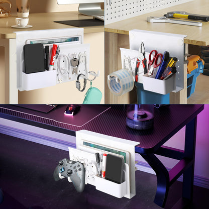 Desk Side Storage Under Desk Laptop Holder, No Drill Hanging Desk Organizer with Pen Holder, Clamp-On Table Side Tray Desktop Organization Mount for Office and Home (White)