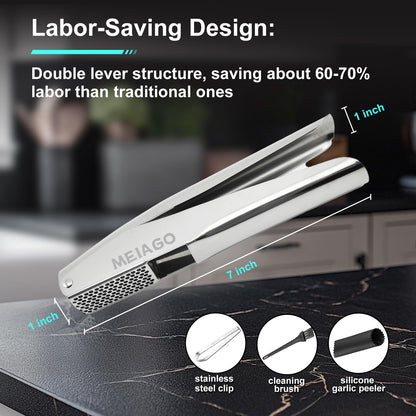 MEIAGO Garlic Press, Stainless Steel Garlic & Ginger Crusher, with Built-In Cleaner, Rust Resistant, No Peel, Large Capacity, Easy Clean，Dishwasher Safe，Silver