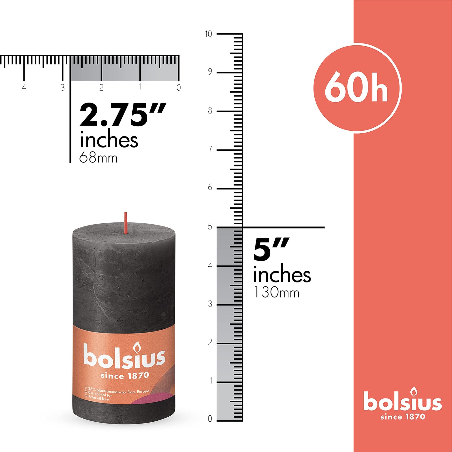 BOLSIUS 4 Pack Black (Stormy Gray) Rustic Pillar Candles - 2.75 X 5 Inches - Premium European Quality - Includes Natural Plant-Based Wax - Unscented Dripless Smokeless 60 Hour Party Decor Candles