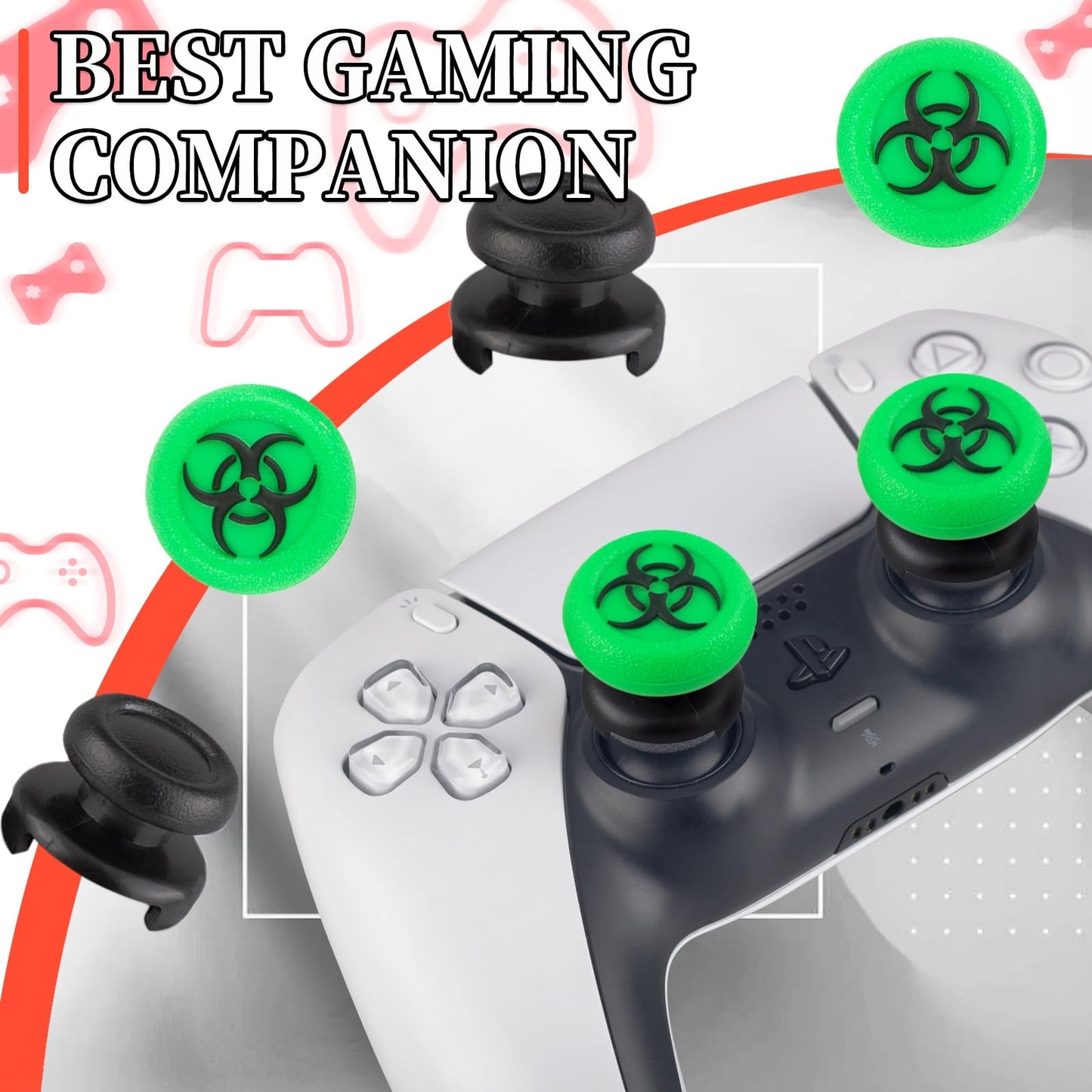 Playrealm FPS Thumbstick Extender & 3D Texture Rubber Silicone Grip Cover 2 Sets for PS5 Dualsenese & PS4 Controller (BioH Green)