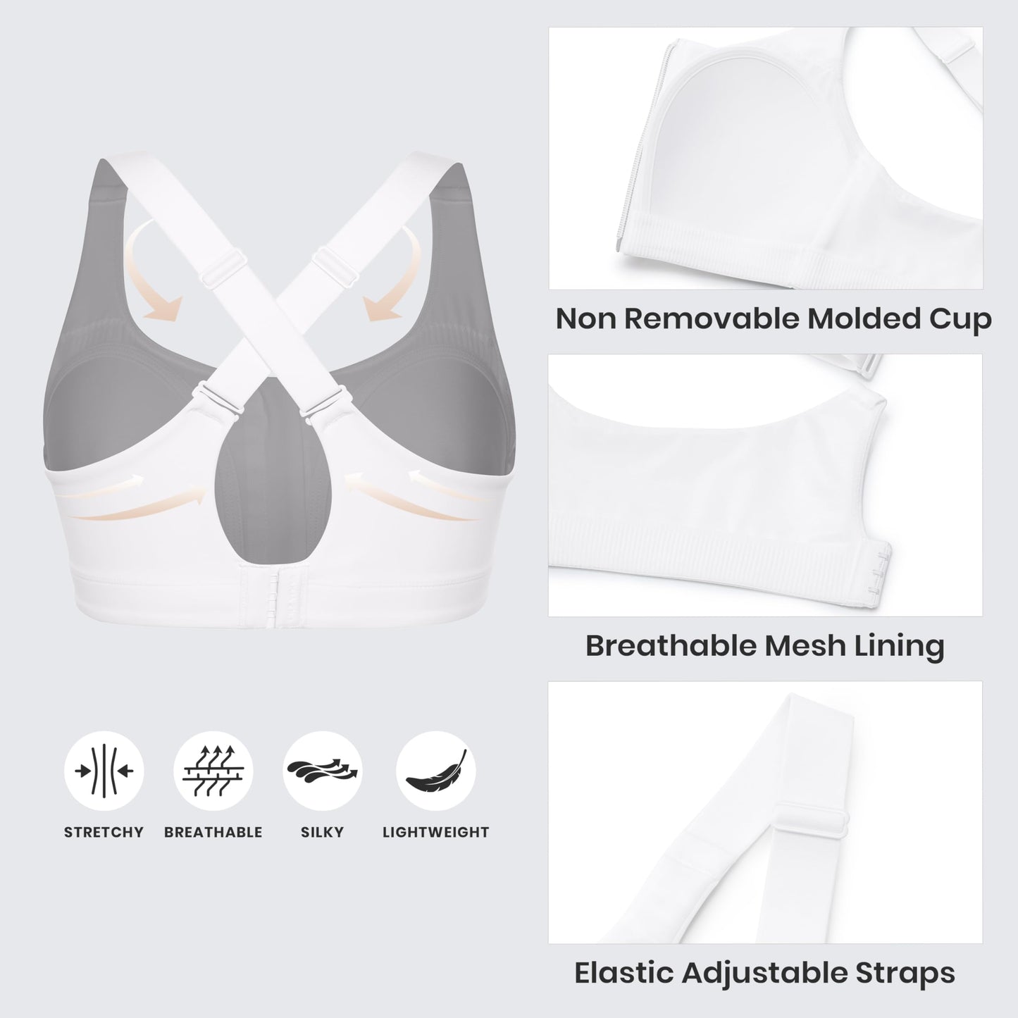 CRZ YOGA Womens Zip Front High Impact Sports Bra - Molded Cup Adjustable Convertible Straps Wireless Workout Yoga Crop Top White 34DD