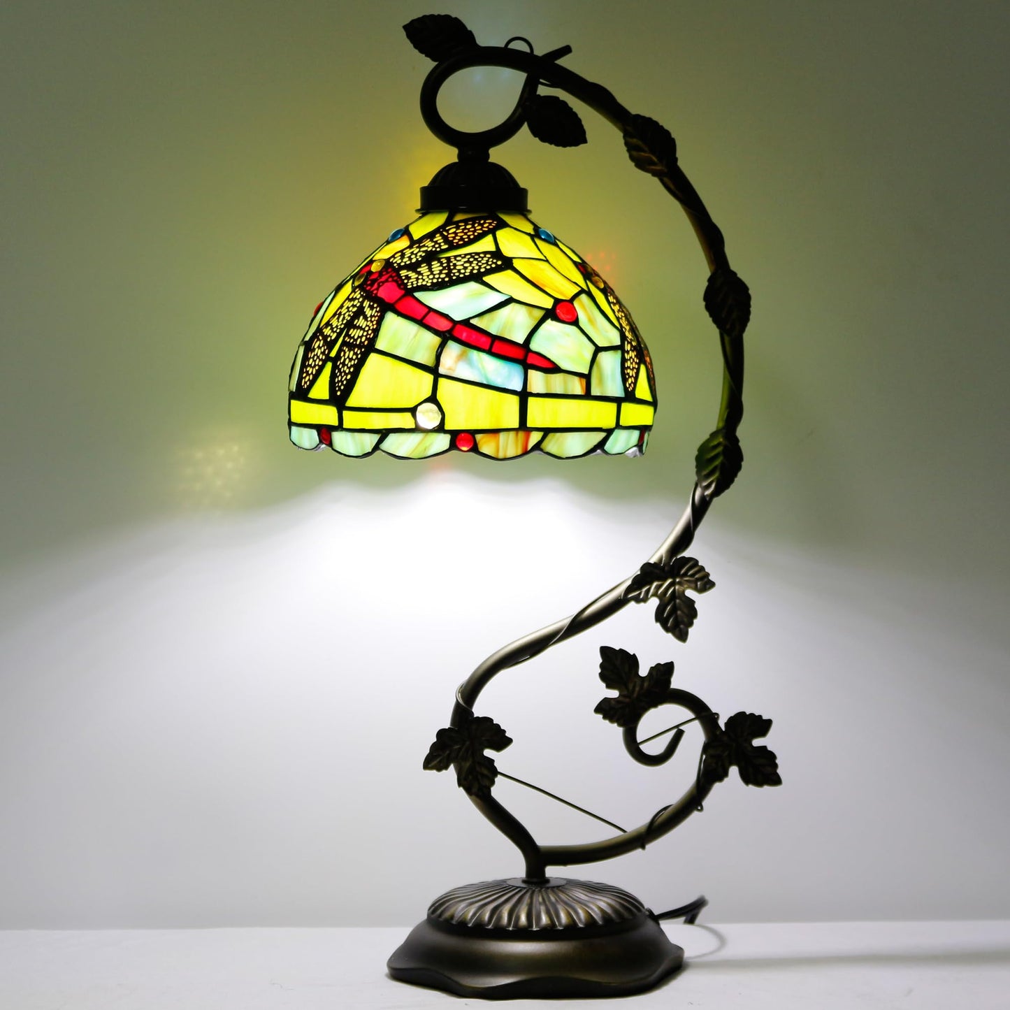 ZJART Tiffany Lamp Stained Glass Table Lamp Metal Leaf Desk Reading Light 8X10X21 Inch Decor Small Space Bedroom Home Office (Green Red Dragonfly)