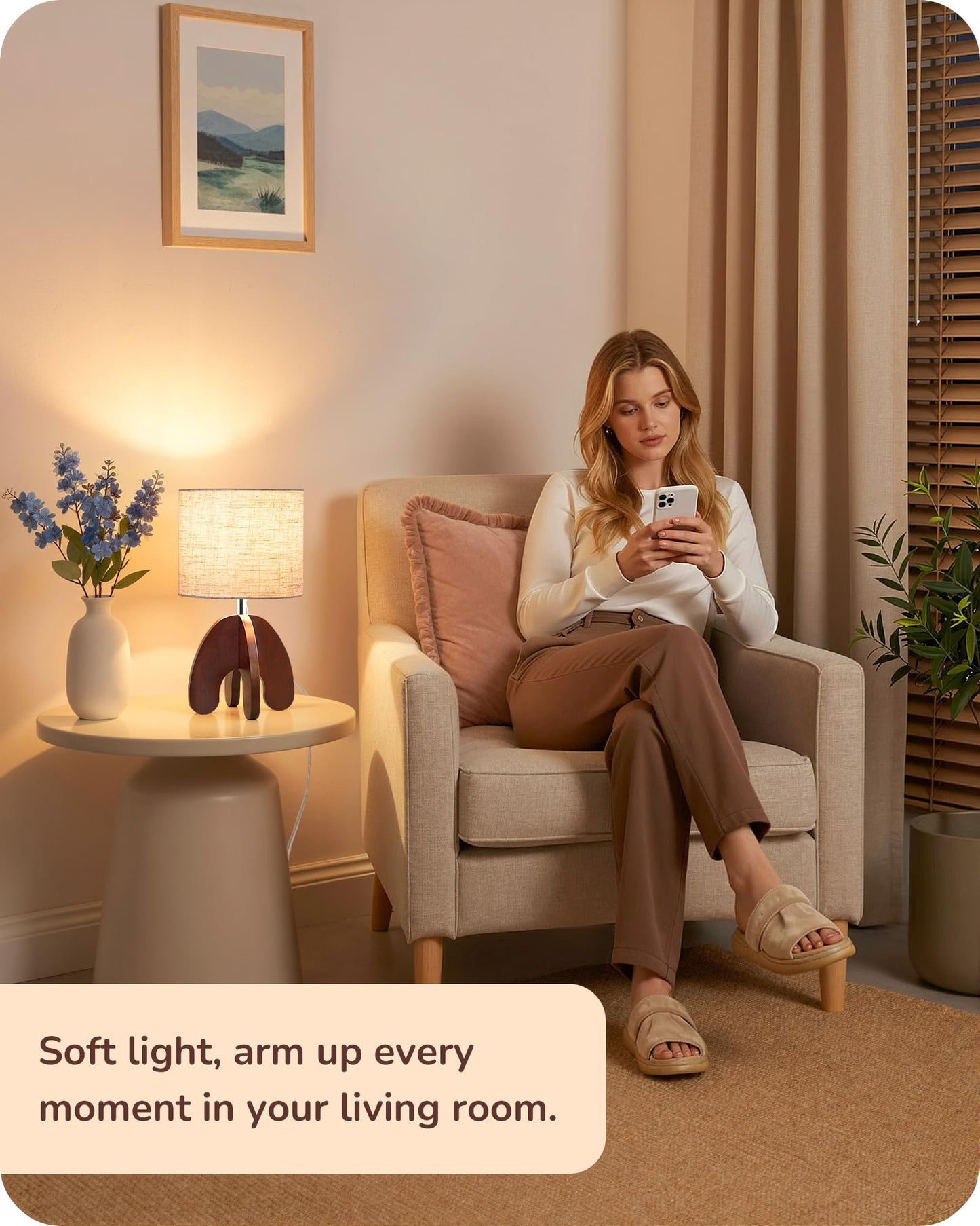 EDISHINE 14.17" Small Table Lamp, Integrated Four-Legged Wooden Bedside Lamp Base, Beige Linen Lampshade, E26, Modern Nightstand Lamp for Nursery, Bedroom, End Table, ON/Off Switch