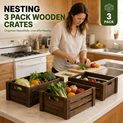 Wooden Crates for Display, 3 Pack Large Rustic Handmade Wood Crate for Storage, Wooden Basket with Handles, Nesting Crates Boxes for Container and Decor Living Room Outdoor Christmas (Extra Large)