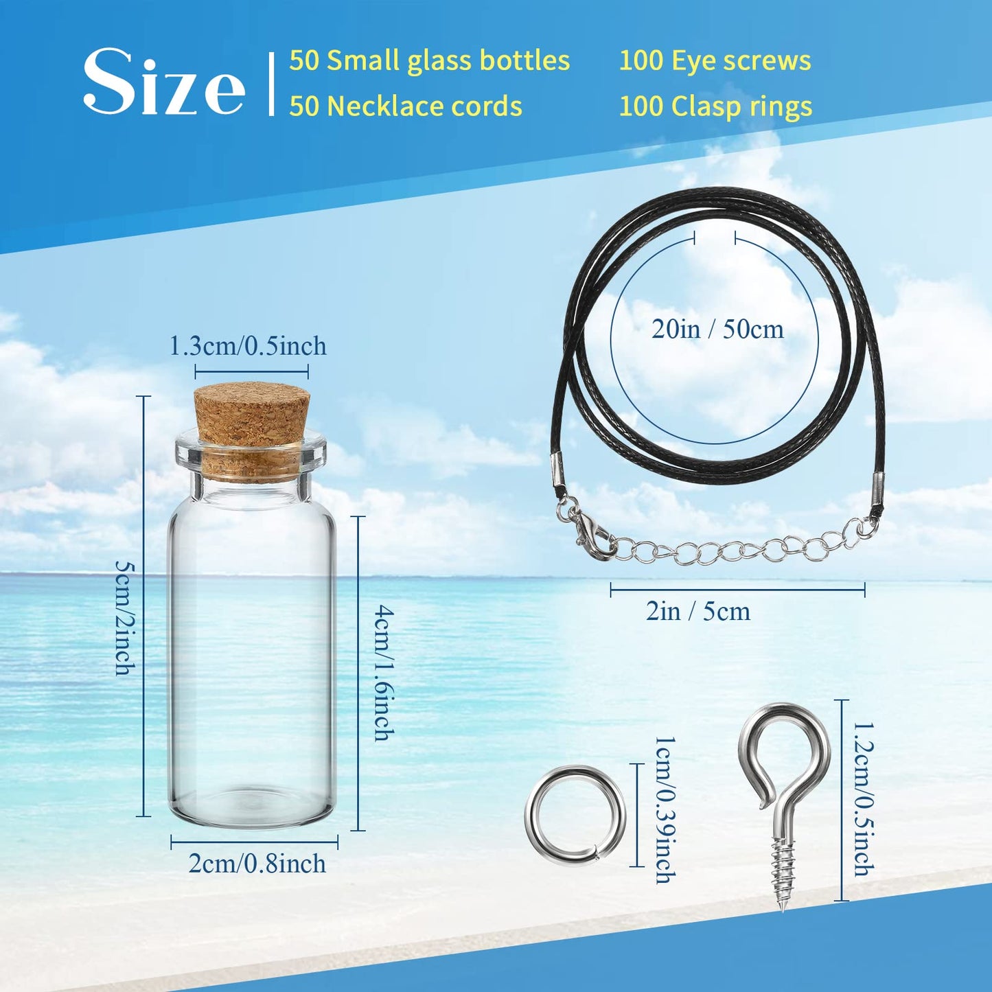 Sawysine 50 Set 10 ml Mini Glass Bottles with Cork Tiny Wishing Bottles Black Waxed Cord Eye Screws Clasp Rings for DIY Crafts Container Necklace Jars(Black)